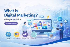 What is digital marketing beginner guide illustration showing SEO, social media, Google Ads, and content marketing strategies