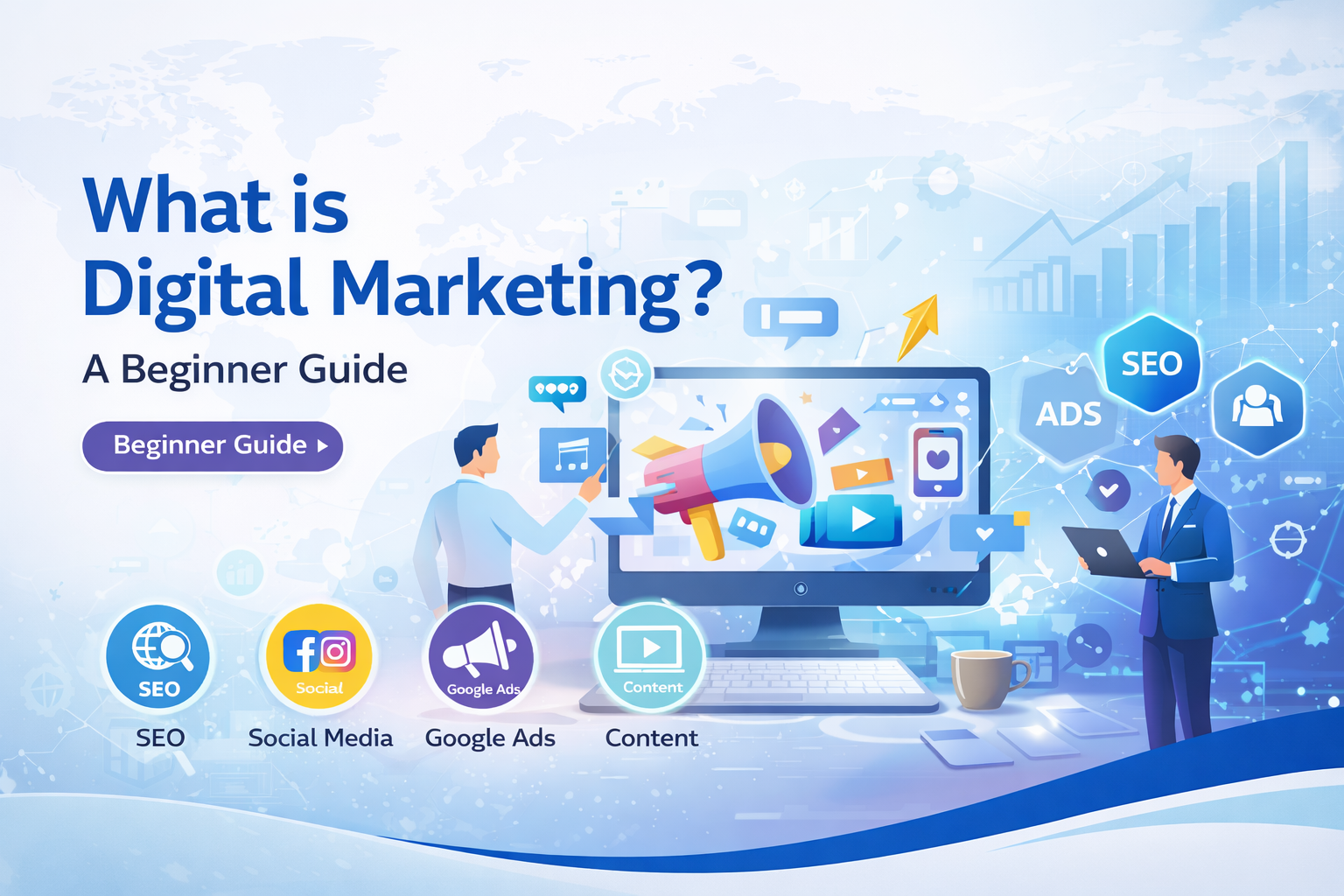 What is digital marketing beginner guide illustration showing SEO, social media, Google Ads, and content marketing strategies