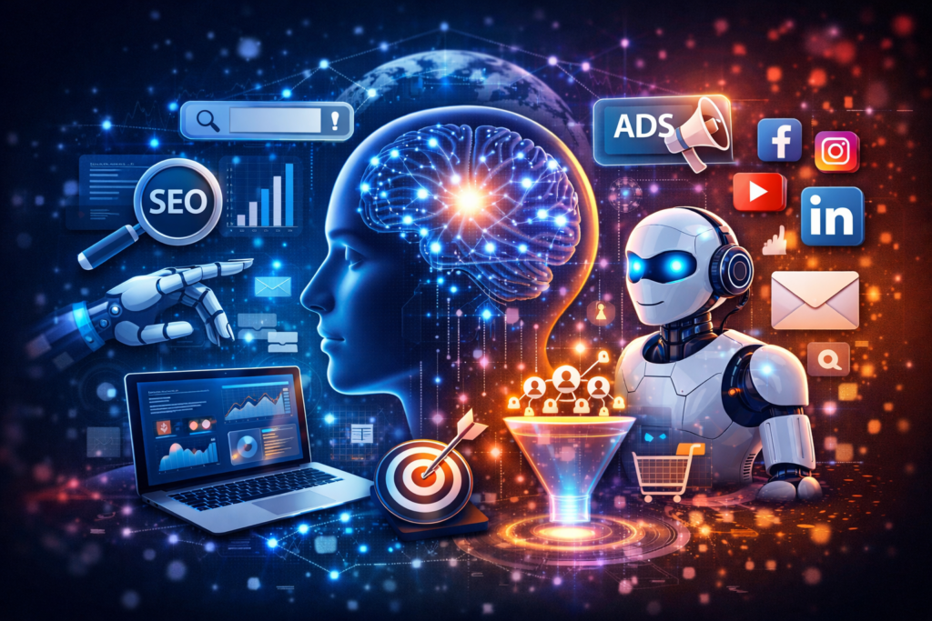 Artificial intelligence in digital marketing concept with AI brain, SEO analytics, social media icons, and data-driven automation tools